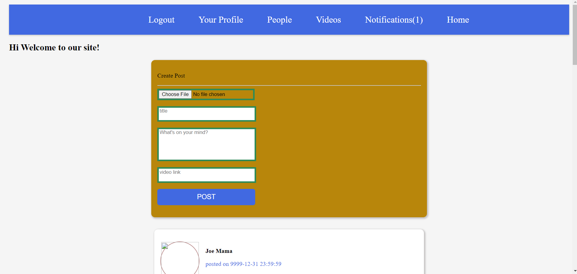 Image of the main feed page of a mock social media website