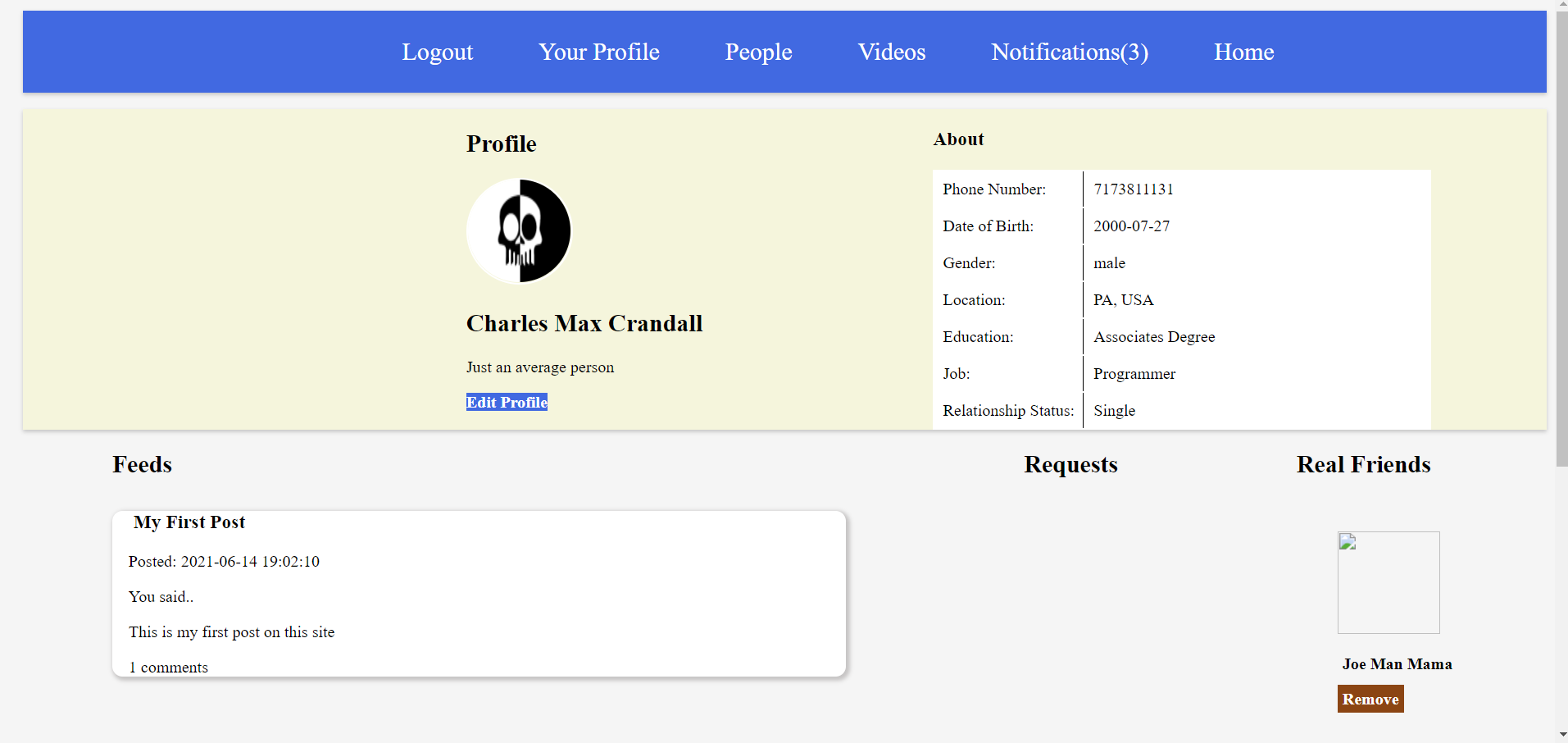 Image of a profile page of a mock social media website