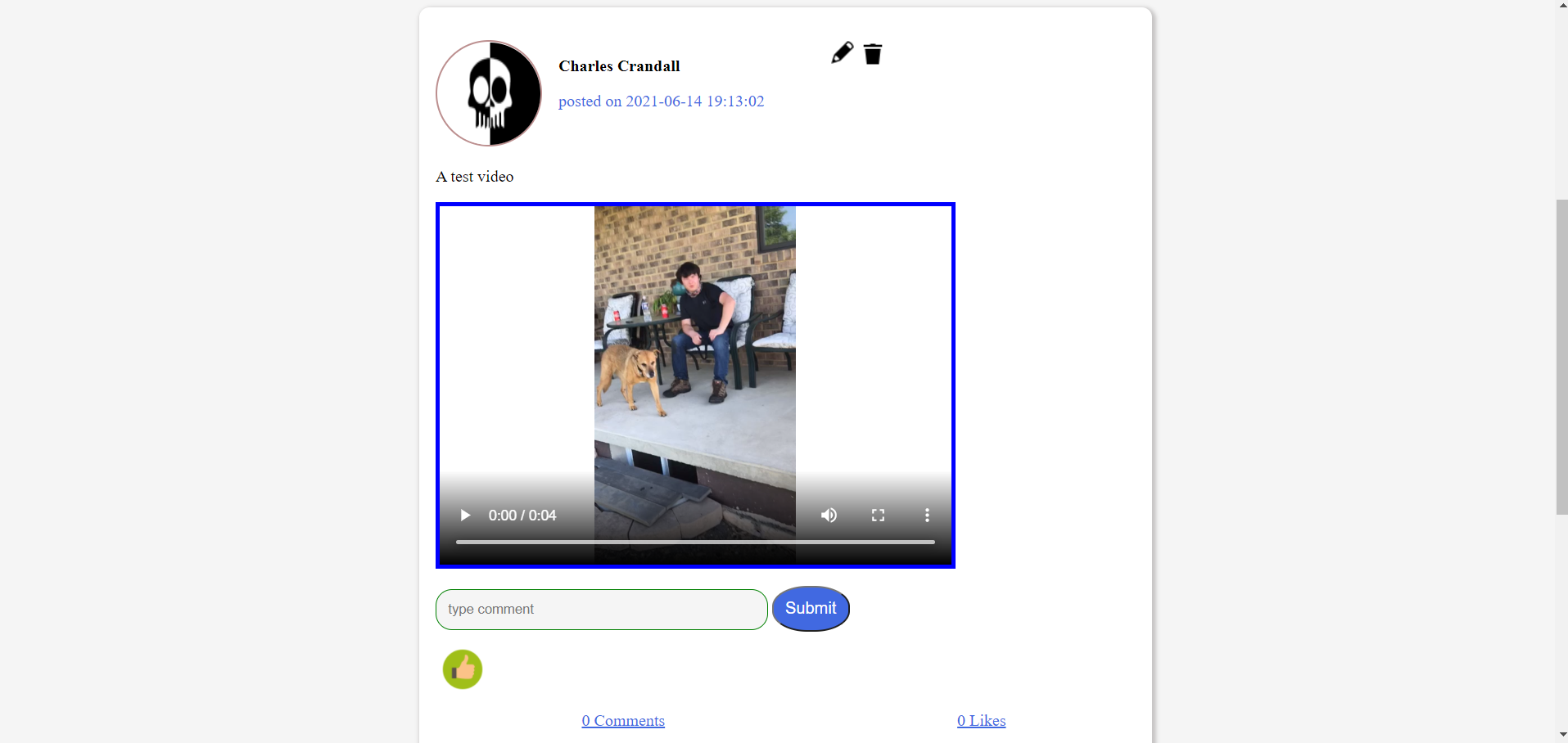 Image of the video page of a mock social media website