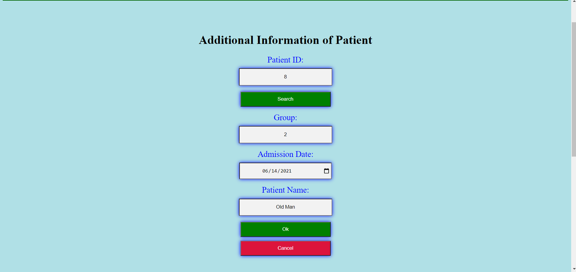 Image of the patient info page of a mock Old Home website