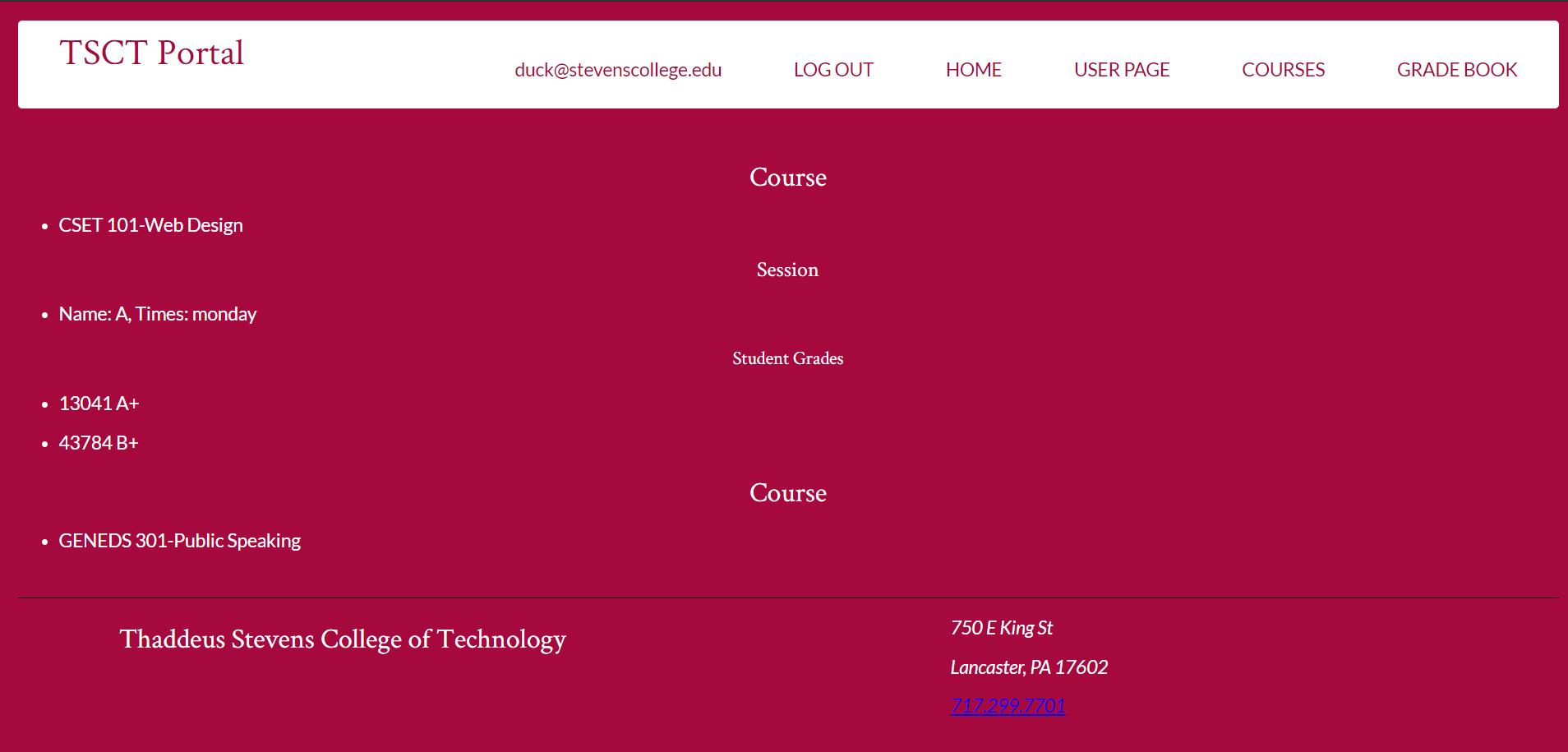 Image of a grades page of a mock school website