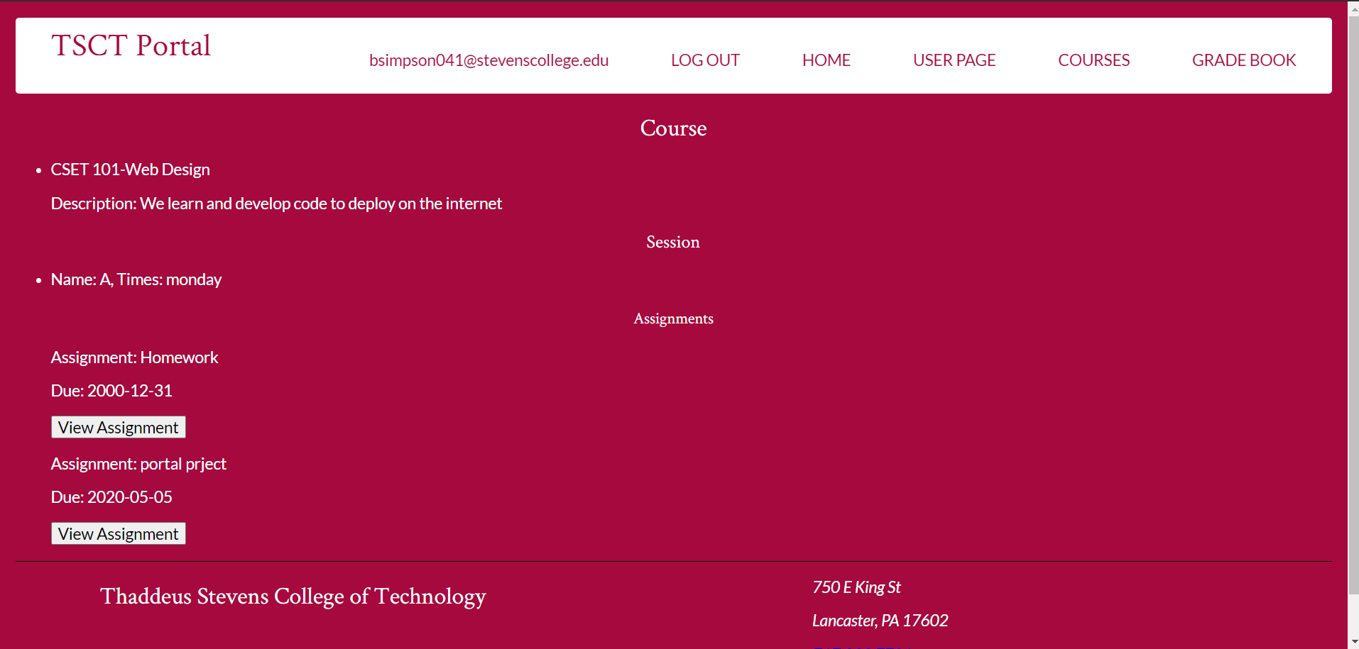 Image of a student view page of a mock school website